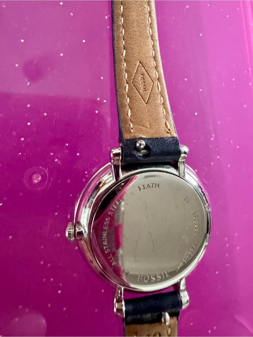 Fossil Women's Silver-Tone Case White Dial Black Leather Strap Watch